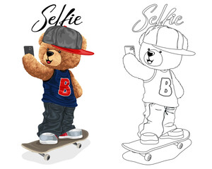 Hand drawn vector illustration of teddy bear on skateboard taking selfie with smartphone