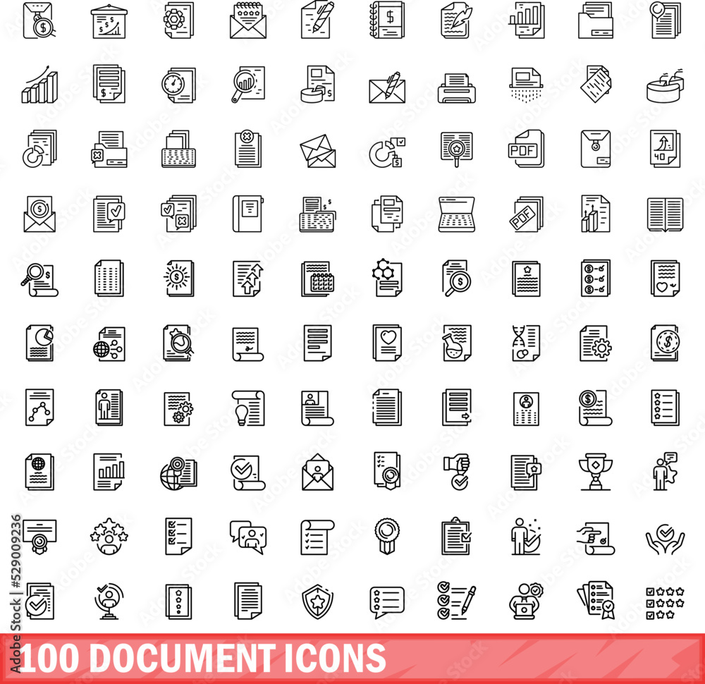 Poster 100 document icons set. outline illustration of 100 document icons vector set isolated on white back