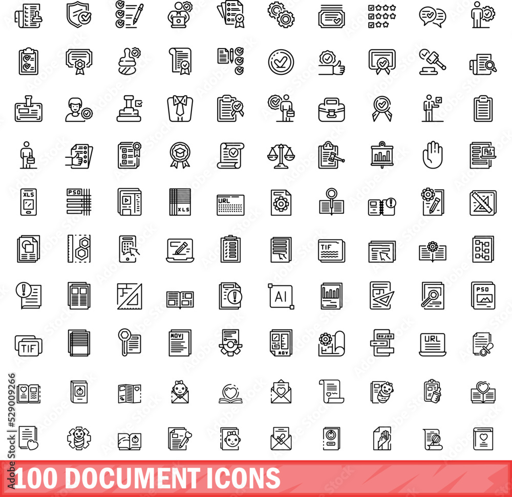 Poster 100 document icons set. outline illustration of 100 document icons vector set isolated on white back