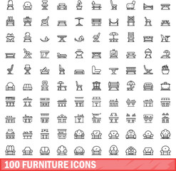 100 furniture icons set. Outline illustration of 100 furniture icons vector set isolated on white background