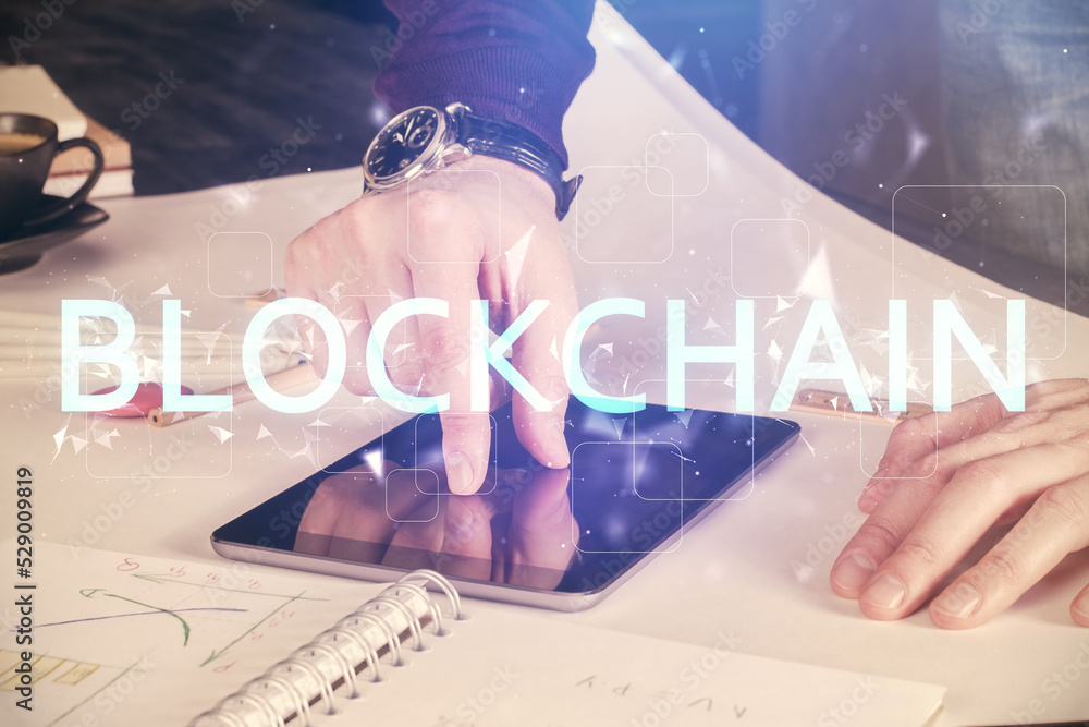 Poster double exposure of man's hands holding and using a phone and crypto currency blockchain theme drawin