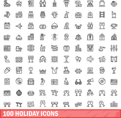 100 holiday icons set. Outline illustration of 100 holiday icons vector set isolated on white background