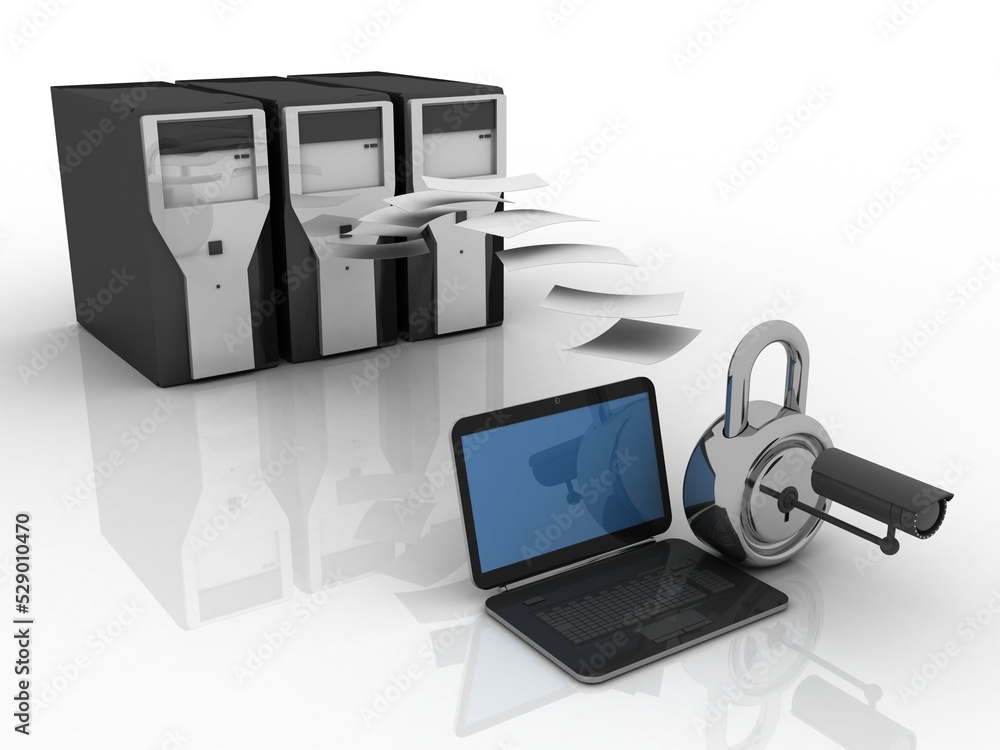 Poster 3d rendering laptop lock cctv with database