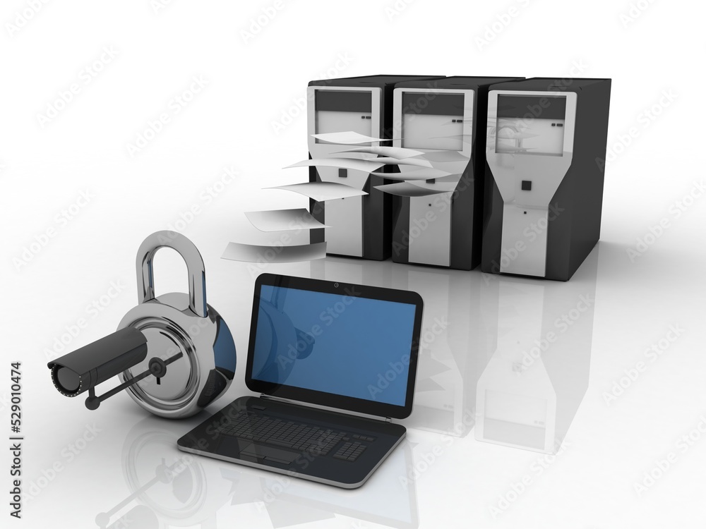 Poster 3d rendering laptop lock cctv with database