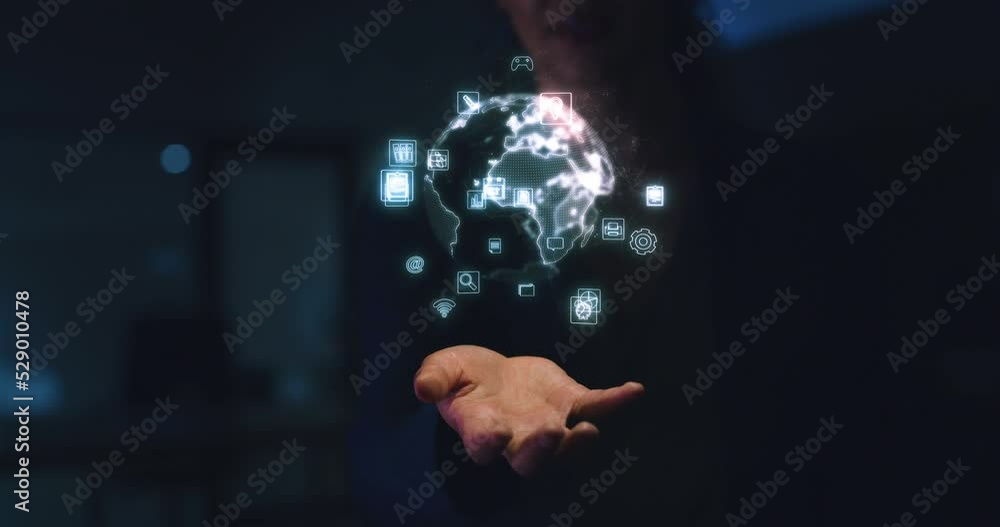 Aufkleber global hologram in it business woman hand with scifi, cyberpunk or information technology in dark ba