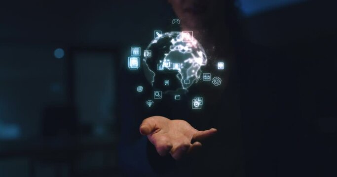 Global hologram in IT business woman hand with scifi, cyberpunk or information technology in dark background. Futuristic, 3D holographic design in person palm for future ai globe networking software