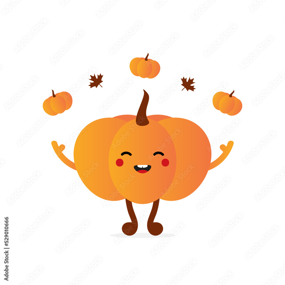 Wall mural cute and happy cartoon style orange pumpkin character juggling little pumpkins and maple leaves.