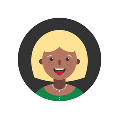 Avatar, portrait, profile picture of blonde girl, young woman wearing green. Showing tongue, playful mood. Vector illustration, round icon. 
