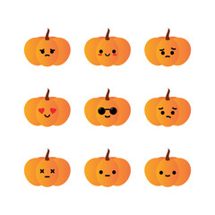 Set, collection, pack of pumpkin emoji, vector cartoon style icons of orange pumpkins characters with different facial expressions, happy, sad, loving, disappointed.
