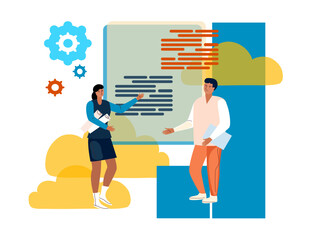 Programmers develop a database.Content management system.Web development courses concept.Flat graphic vector illustration isolated on white background.