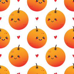 Cute happy orange fruit characters and red hearts vector seamless pattern background.

