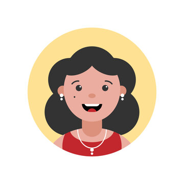 Avatar, portrait, profile picture of smiling dark-haired woman. Mother, aunt, teacher representation. Vector illustration, round icon. 

