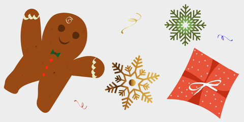 Christmas Gingerbread cookies. Classic Xmas biscuit. Cute ginger bread men, snowflakes and gift box. Vector illustration.