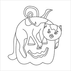 Funny  kitten and jack-o-lantern pumpkin. Hand drawn doodle vector illustration. Black outline. Great for coloring, Halloween design.
