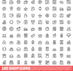 100 shop icons set. Outline illustration of 100 shop icons vector set isolated on white background