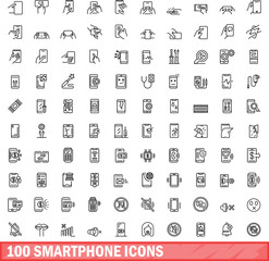 Fototapeta na wymiar 100 smartphone icons set. Outline illustration of 100 smartphone icons vector set isolated on white background