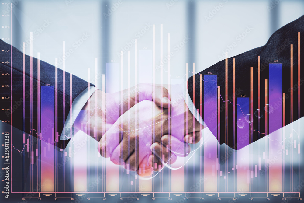 Poster double exposure of forex graph hologram and handshake of two men. stock market concept.