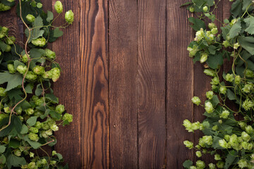 Wooden background. Frame of green hops on rustic old wooden boards. Copy space.