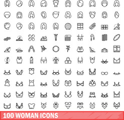100 woman icons set. Outline illustration of 100 woman icons vector set isolated on white background