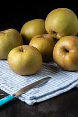 Top view of pippin apples on blue cloth with knife, on wooden table, black background, vertical