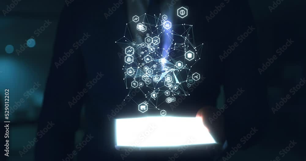 Poster Future, tablet and innovation with businessman and digital animation showing network connection in a dark office. Ai, big data and social hologram, virtual sphere or ui, ux technology and with icons
