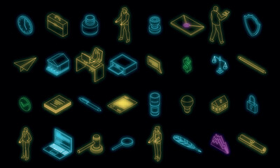 Notary icons set. Isometric set of notary vector icons neon color on black