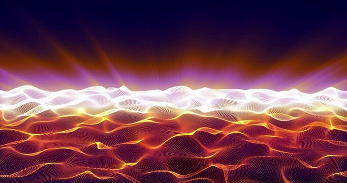 Abstract animation motion design with beautiful bright orange glowing luminous energy electric magic cosmic waves humming from particles against the backdrop of sunrise in high resolution 4k