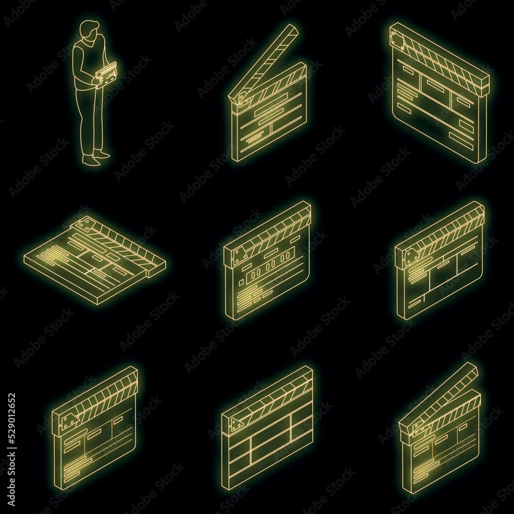 Poster clapper icons set. isometric set of clapper vector icons neon color on black