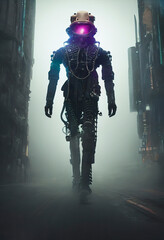 Fototapeta premium A Cyborg Walking in a Dystopian City