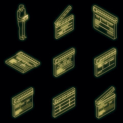 Clapper icons set. Isometric set of clapper vector icons neon color on black