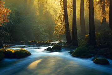Peaceful river flowing through redwood forest with morning light and dappled sunshine in autumn.