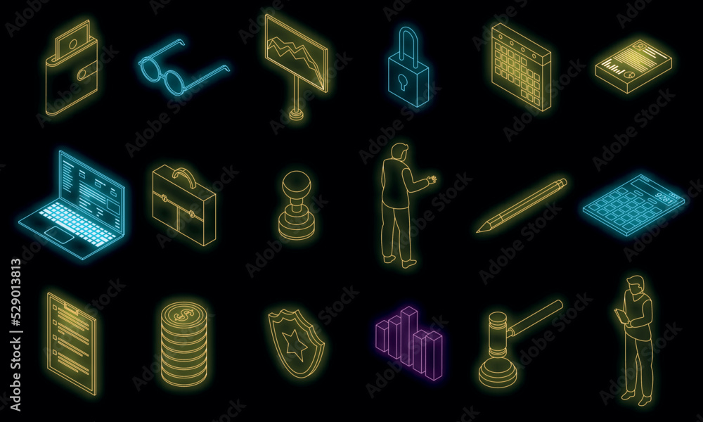 Poster audit icons set. isometric set of audit vector icons neon color on black