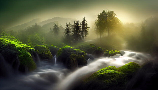 Dreamy forest landscape along a flowing stream