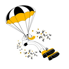 A man in a business suit parachutes down among flying banknotes. Vector two-color illustration on the topic of dismissal with guaranteed compensation.