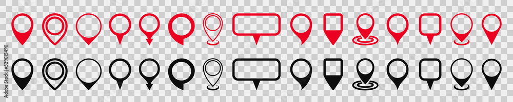 Poster Set red and black pin map marker pointer icon on transparent background, GPS location flat symbol – stock vector