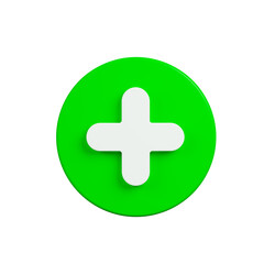 plus sign, medical cross-round green circle button with plus on the white background. Health care. Medical symbol of emergency help. 3d rendering,  Illustration.