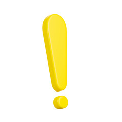 Yellow Realistic exclamation mark, caution icon,  front view is slightly tilted to the side, 3d rendering, illustration.