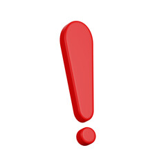 red Realistic exclamation mark, caution icon,  front view is slightly tilted to the side, 3d rendering, illustration.
