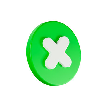 white Cross sign or multiplication sign icon on green button circle shape, on white background, 3d rendering, illustration