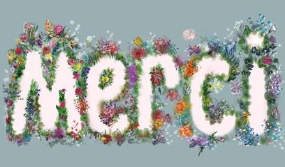 illustration with the inscription "merci" on a light background with many small hand-drawn flowers