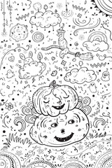 Two laughing pumpkins and cat flying on a broomstick in doodle style