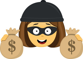 Vector emoji illustration of a female thief, with a mask, hat and bags of money in her hands