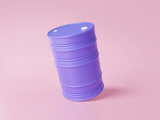 One oil barrel purple floating on pink background. Stock market petroleum industry economy. Trading fuel resource of world, business finance investment concept. Minimal cartoon. 3d render illustration