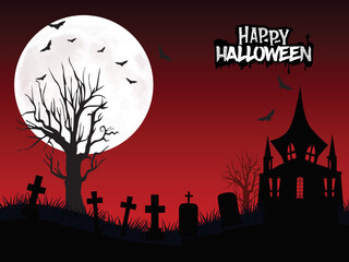 Halloween background design with haunted house and graveyard illustration