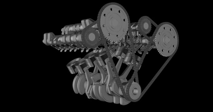 3D V8 Engine Animation. Car Engine Is Working. Rotating 360 Degrees. Perfect Loop With Alpha Channel Included.