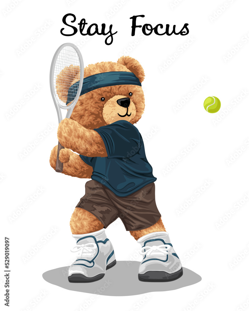 Sticker hand drawn vector illustration of teddy bear playing tennis