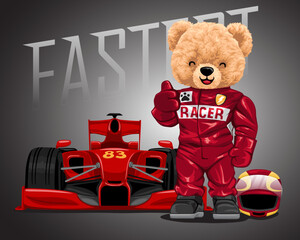Hand drawn vector illustration of teddy bear in racer costume with racing car - obrazy, fototapety, plakaty