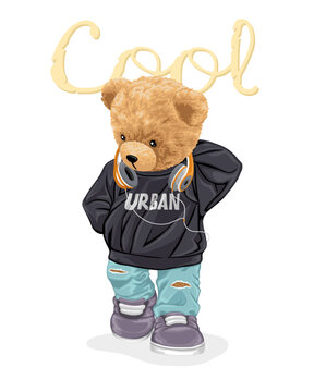 Naklejki Hand drawn vector illustration of cool teddy bear with headphones
