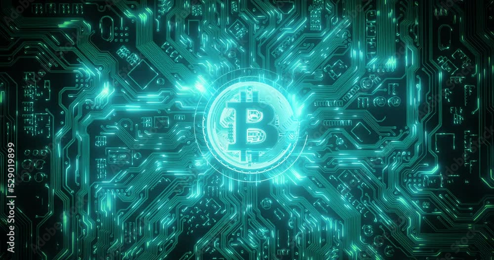 Aufkleber Bitcoin, cryptocurrency and digital circuit with technology abstract, cloud computing and future background. Blockchain, cyber and fintech with global, finance and futuristic big data network