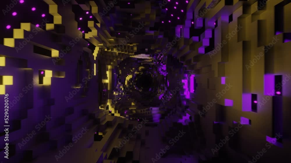 Poster lilac background. design.a light enclosed corridor of 3 d squares that rotates and descends in abstr